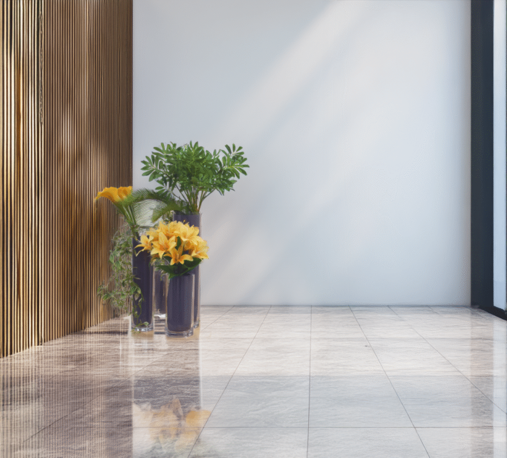 東京のバンブーサラによるアーティフィシャルフラワーの空間装花,スタイリッシュなマンションロビー