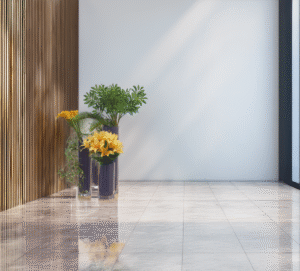 東京のバンブーサラによるアーティフィシャルフラワーの空間装花,スタイリッシュなマンションロビー