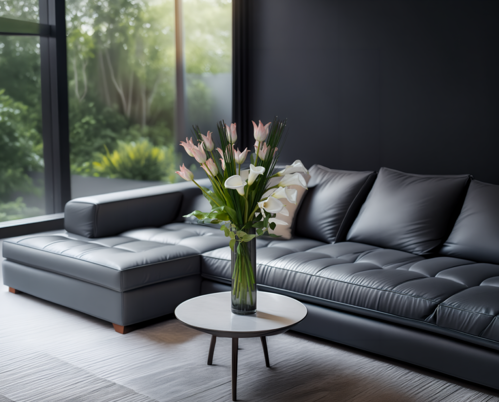 黒い皮の重厚なソファーのあるスタイリッシュなリビングルームに、縦線が美しいチューリップとカラーリリーのアーティフィシャルフラワーによる、インテリアフラワー。バンブーサラ。