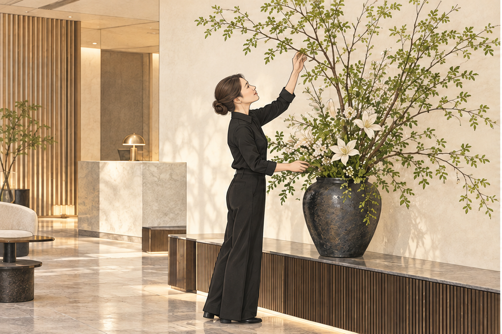 バンブーサラの定期装花の現場設置のイメージ画。